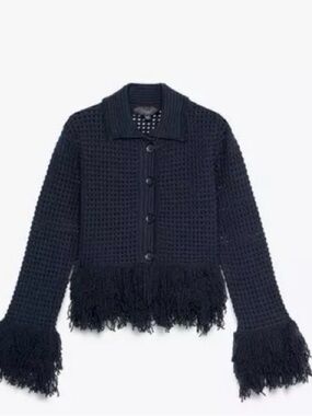 Zara Black Fringe-Hem Waffle Knit Blazer